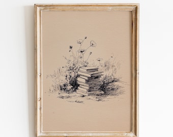Boekstapelschetsprint met bloemen | Cadeau boekenliefhebber | Gezellige leeshoekposter| Bibliotheekdecoratie | Vintage boekdecoratie | Rustieke boekenstapel