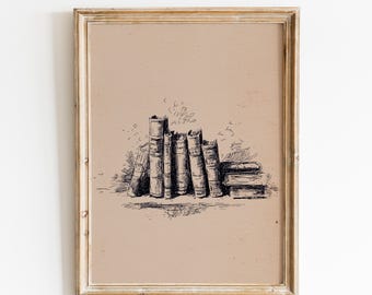 Boekstapelschetsprint met bloemen | Cadeau boekenliefhebber | Gezellige leeshoekposter| Bibliotheekdecoratie | Vintage boekdecoratie | Rustieke boekenstapel