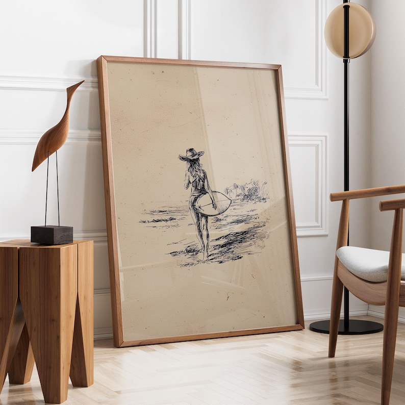 Vintage Cowgirl Surfer Skiss Tryck | Minimal Texas Surfer Handteckning | Retro Coastal Surf Art | Cowgirl Surf Skiss | Surf Coastal Art bild 3