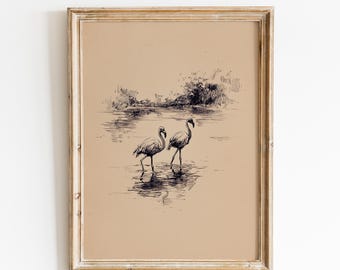 Flamingo Sketch Art Print | Tropical Bird Decor | Coastal Flamingo Sketch | Seaside Artwork | Beach House Decor | Vintage Flamingo