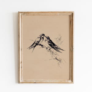 Love Birds Sketch Print | Minimalist Birds Sketch | Rustic Bird Art | Cottage Wall Decor | Antique Botanical Artwork| Romantic Wildlife Art image 1