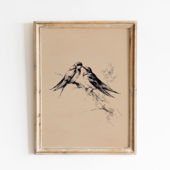 Love Birds Sketch Print | Minimalist Birds Sketch | Rustic Bird Art | Cottage Wall Decor | Antique Botanical Artwork| Romantic Wildlife Art