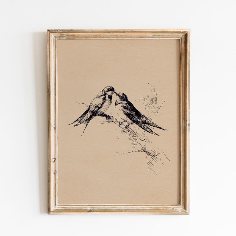 Love Birds Sketch Print | Minimalist Birds Sketch | Rustic Bird Art | Cottage Wall Decor | Antique Botanical Artwork| Romantic Wildlife Art image 1