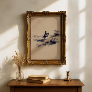 K&ouml;nnte beinhalten: Ein gerahmter Vintage-Druck zeigt einen Cowboy auf einem Pferd, der in blauer Tinte auf beigem Hintergrund dargestellt ist. Der verzierte goldene Rahmen erg&auml;nzt das Kunstwerk. Der Druck wird &uuml;ber einem Holztisch mit B&uuml;chern und einer Vase ausgestellt.