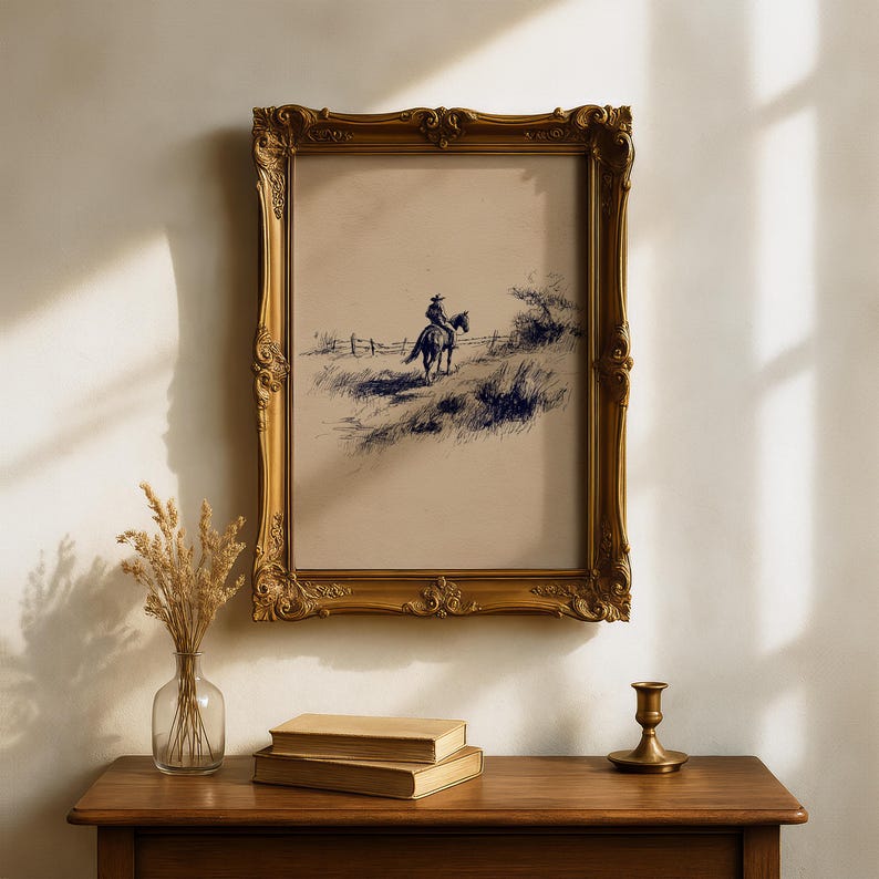 K&ouml;nnte beinhalten: Ein gerahmter Vintage-Druck zeigt einen Cowboy auf einem Pferd, der in blauer Tinte auf beigem Hintergrund dargestellt ist. Der verzierte goldene Rahmen erg&auml;nzt das Kunstwerk. Der Druck wird &uuml;ber einem Holztisch mit B&uuml;chern und einer Vase ausgestellt.