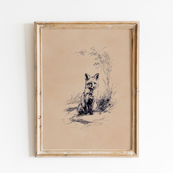 Vintage Fox Sketch Print | Minimalist Fox Drawing | Hand Drawn Forest Animal Poster | Fox Portrait | Line Art Style Fox | Fox Lover Gift