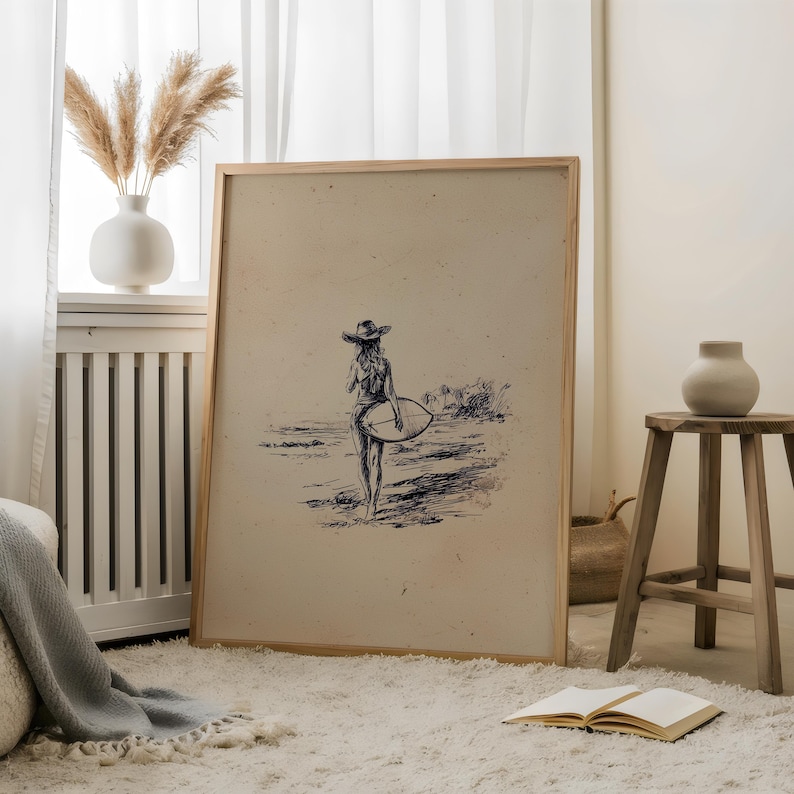 Vintage Cowgirl Surfer Skiss Tryck | Minimal Texas Surfer Handteckning | Retro Coastal Surf Art | Cowgirl Surf Skiss | Surf Coastal Art bild 7