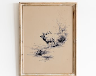 Vintage Elch Skizze Print | Vintage Hirsch | Minimalistisch Kunst | Rustikales Wildtier Dekor | Neutrale Kunst | Waldtier Skizze | Handgezeichneter Hirsch