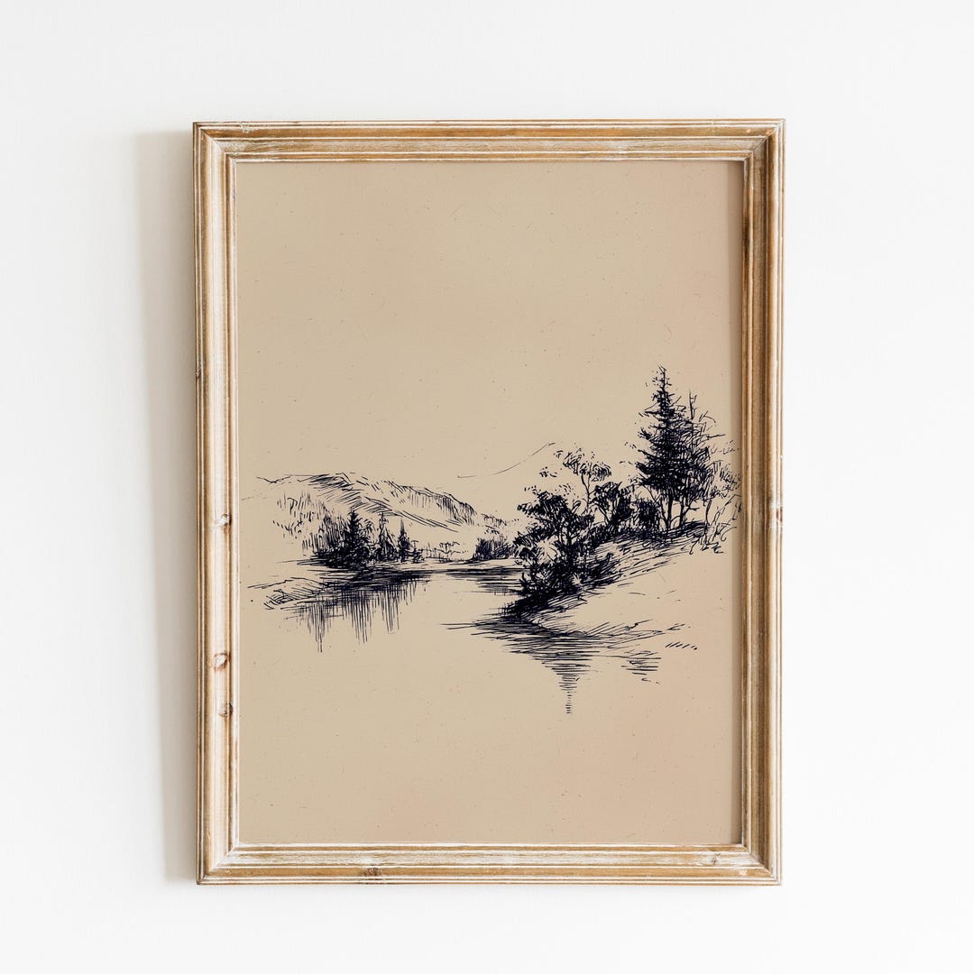 Rustic Draw Minimal River Landscape Sketch | Vintage Countryside | Calm Nature Hand ...