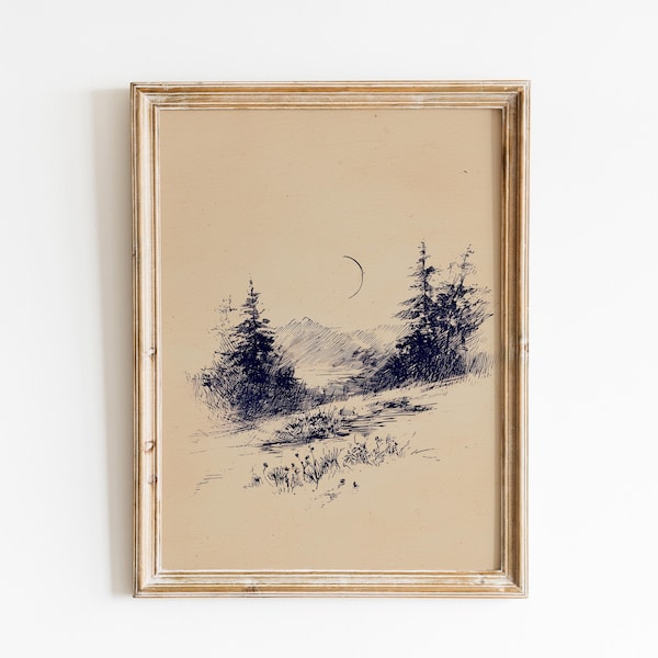 Vintage Mountain Landscape | Rustic Forest Cabin Decor | Nature Sketch | Minimalist Moonlit Art | Pine Tree Print | Calm Night Mountain