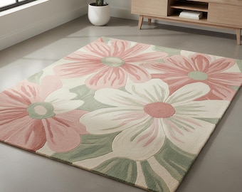 Tappeto floreale annodato a mano con motivo a margherita rosa, verde e crema / Tappeto moderno color pastello