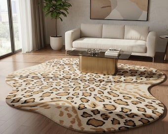 Luxe handgetuft wollen vloerkleed met luipaardprint in beige en bruine tinten