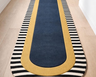 Hand Tufted Wool Runner Rug, Navy Mustard Oval, Striped Border Hallway Carpet