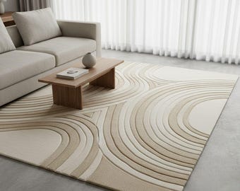 Modern beige vloerkleed met 3D-structuur: handgetuft tapijt met geometrisch oppervlak