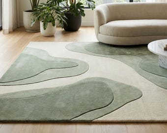Modern Abstract Wool Area Rug in Green and Cream, Handmade Organic Scandinavian Carpet