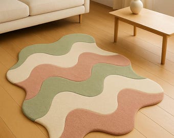 Hand Tufted Wool Wavy Rug, Irregular Earth Tone Boho Carpet