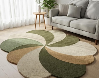 Handgetuft wollen vloerkleed: modern groen abstract bloemenrond tapijt