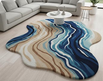 Modern Abstract Beige Wool Rug Sculpted Organic Shape Carpet for Living Room