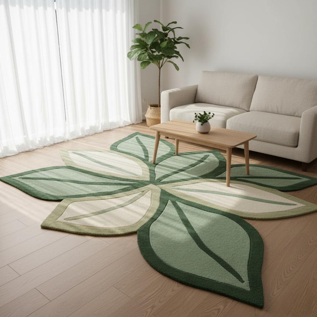 Green Leaf Shaped Rug, Modern Botanical Floor Decor - Etsy