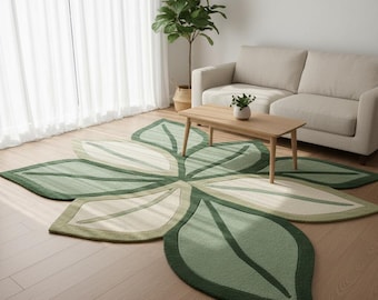 Green Leaf Shaped Rug, Modern Botanical Floor Decor