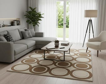 Modern Checkered Rug, Beige Brown Geometric Pattern, Minimalist Decor
