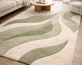 Sage Cream Abstract Area Rug, Hand Tufted Wool Carpet, Modern Scandinavian Living Room Decor