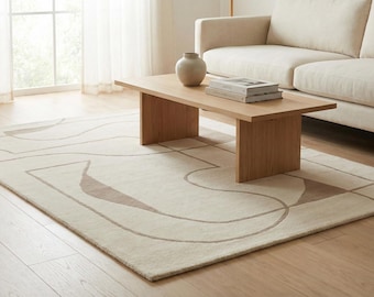 Tappeto in lana tuftato a mano, beige, tortora, moderno, astratto, minimalista, per soggiorno