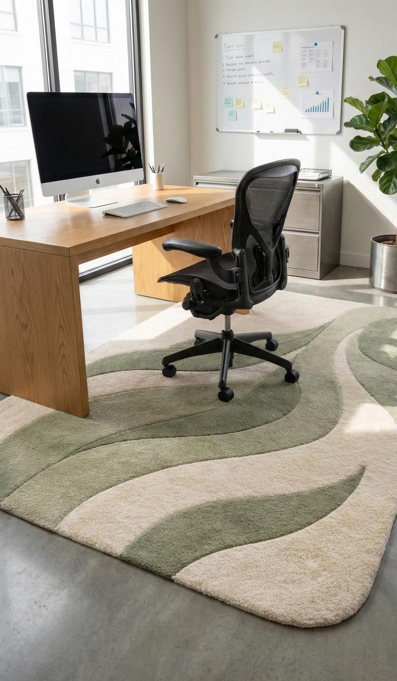 May include: An office scene with a wooden desk, a black mesh office chair, and a large area rug. The rug features a wavy pattern in shades of green and beige. A computer monitor and whiteboard are also present.