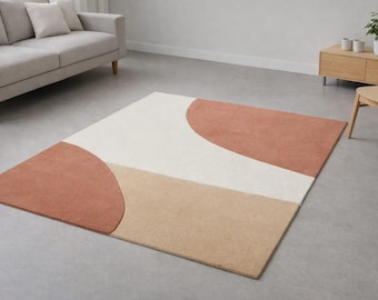 Abstract terracotta wollen vloerkleed, handgetuft geometrisch tapijt