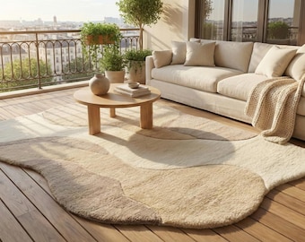 Hand Tufted Wool Area Rug Soft Beige Cream Organic Shape Modern Minimal Home Decor
