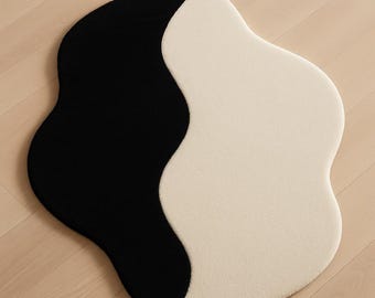 Abstract Irregular Rug | Black & Cream Tufted Wavy Carpet
