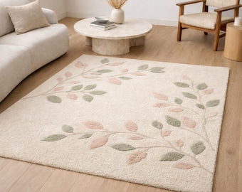Cream Floral Vine Area Rug, Blush Pink Sage Green Botanical Rug
