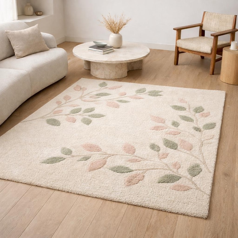 Cream Color Area Rug Cream Floral Vine Area Rug, Blush Pink Sage Green Botanical Rug - Etsy
