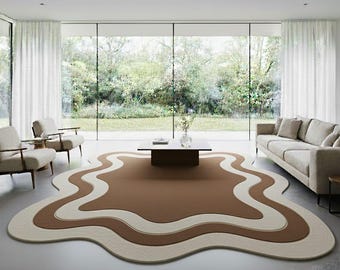Modern Irregular Wool Rug, Brown & Cream Abstract Wavy Design