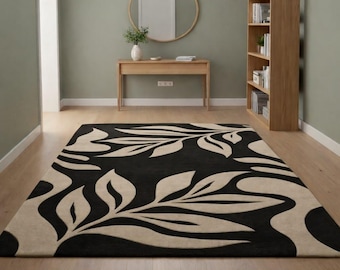 Hand Tufted Wool Rug, Black Beige Botanical Leaf Design rug for living room decor