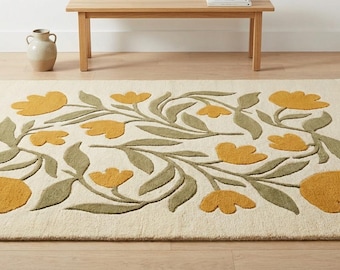 Geel gebloemd vloerkleed modern botanisch tapijt