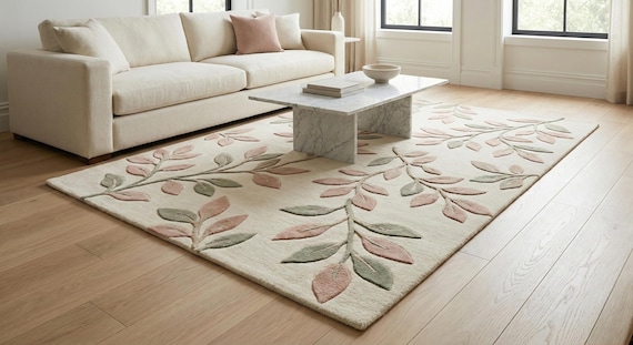 Hand-Tufted Floral Leaf Area Rug, Modern Botanical Carpet rug for living & bedroom decor