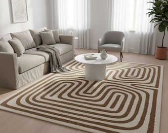 Alfombra abstracta moderna en tonos marrón y crema, alfombra neutra escandinava para sala de estar y dormitorio.