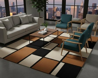 Moderner Beige Brauner Blockteppich, Geometrischer Muster Teppich