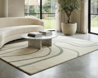 Modern tapijt met abstracte lijnen, groen, crème minimalistisch vloerkleed, voor woonkamer- en slaapkamerinrichting