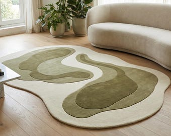 Sage Green Ivory Wool Area Rug, Organic Abstract Shape, Handmade Modern for Living Room
