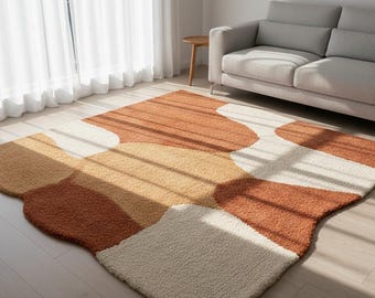 Hand Tufted Wool Rug: Terracotta Abstract Geometric Living Room Decor