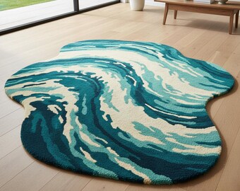 Wollen tapijt oceaangolf – blauwgroen en crème abstract ontwerp in organische vorm