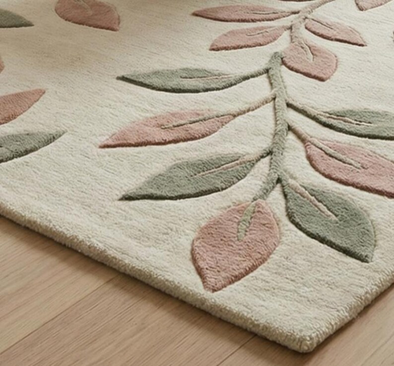 May include: A beige rug with a botanical design. The rug features a branch with leaves in shades of pink and green. The leaves are arranged in a repeating pattern across the rug's surface. The rug has a soft, textured appearance.