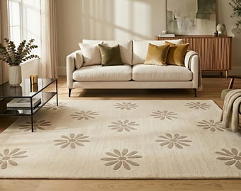 Crème margriet wollen vloerkleed, handgetuft botanisch tapijt
