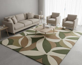Handgetuft wollen vloerkleed modern geometrisch bladontwerp in groen, beige en ivoor
