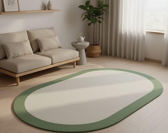 Alfombra ovalada de lana tejida a mano, moderna, verde y beige.
