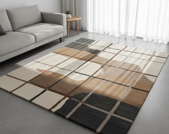 Hand Tufted Wool Rug: Contemporary Abstract Grid, Earth Tones