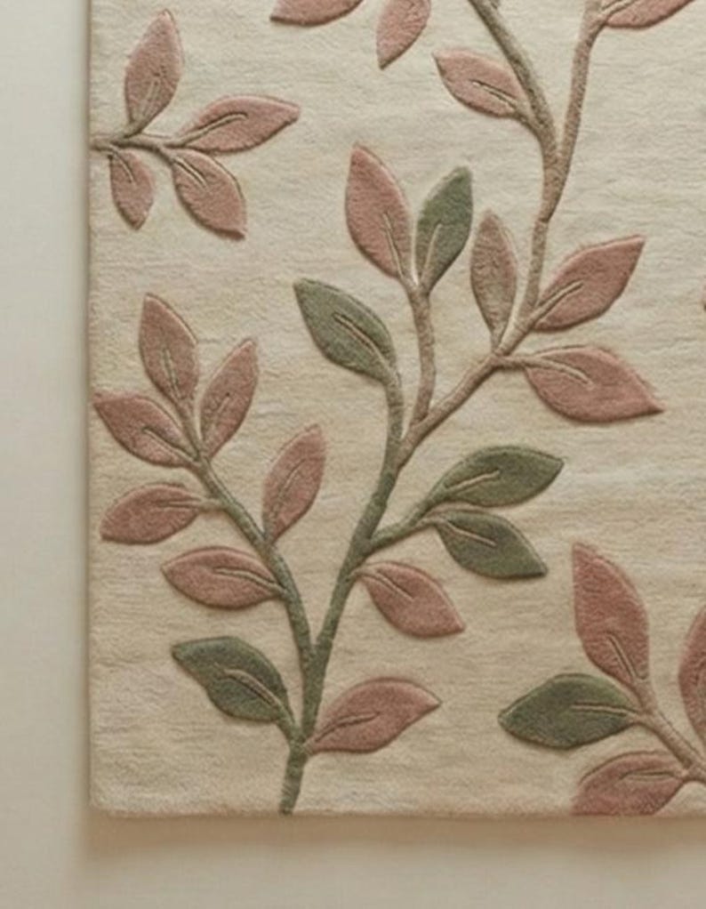 May include: Beige rug with a raised leaf pattern in shades of pink and green. The leaves are arranged on branches that extend across the rug's surface. The rug has a soft, textured appearance, suitable for a living room or bedroom.