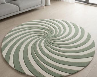 Saliegroen spiraalvormig rond vloerkleed, modern minimalistisch tapijt